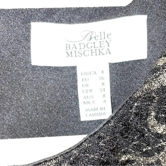 BELLE BADGLEY MISCHKA LONG SLEEVE GOLD BLACK METALLIC LACE FLORAL MINI DRESS 4 - Picture 10 of 12